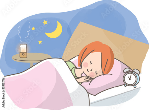 ベットでぐっすり眠る女性のイラスト素材