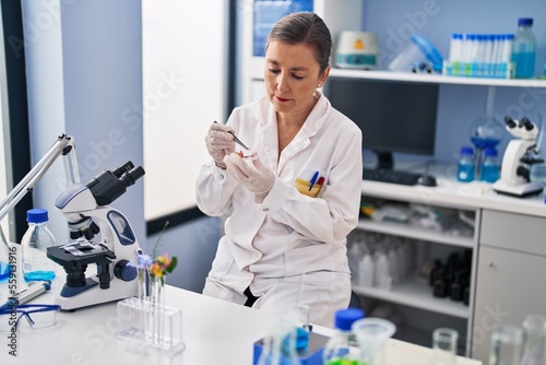 Middle age woman scientist holding flower with tweezer at laboratory