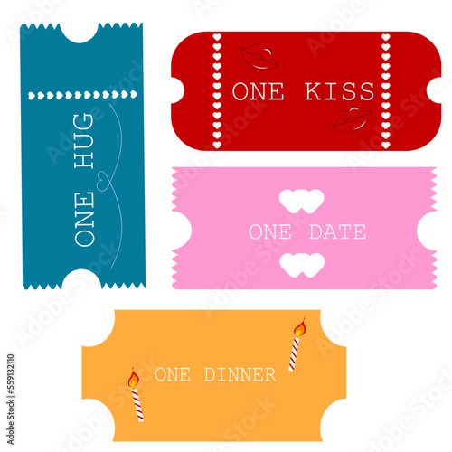 Set of invitation tickets for one kiss,  one hug,one dinner and one date