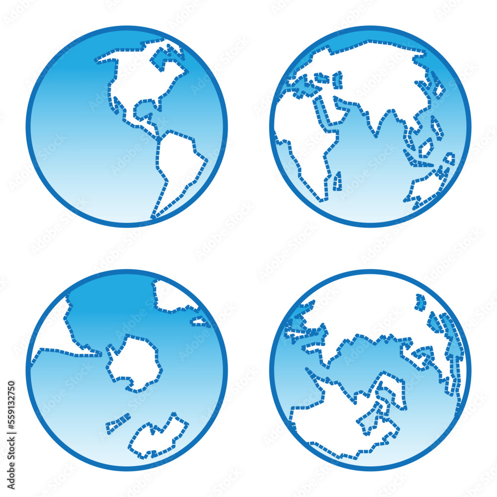 Earth vector icons set. Dashed line outline continents, white continent and blue water. Vector illustration.