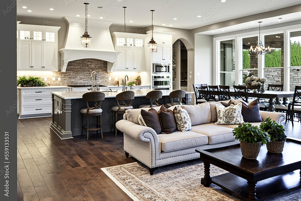 Kitchen and living room in a new luxury home. Open Concept Floor Plan ...