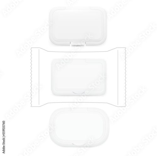 Set of wet wipes plastic lid flip top cap mockups. Realistic front view. Vector template for your design. EPS10.