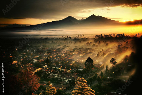 lovely and ethereal Indonesia's West Java Province's capital, Bandung City, in the early morning. Generative AI photo