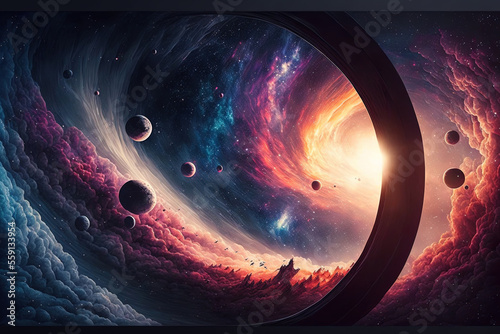 panorama of a galaxy, planets, and stars in space. banner design. Many light years away, there are many galaxies and nebulas in space. a vast universe. a substantial structure. Generative AI