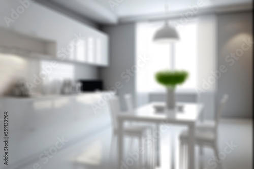 Blurred white furniture kitchen with grey walls  generative ai blur backdrop 