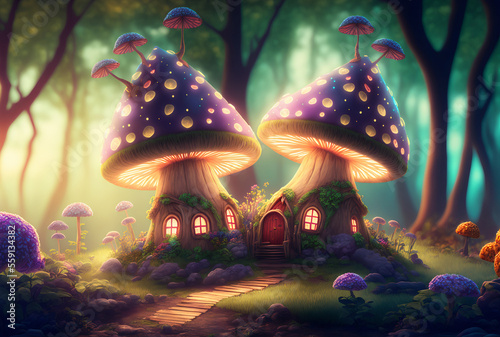 Discover the Magic of Fairy Houses Nestled in a Fantastic Forest, Illuminated by Glowing Mushrooms - A Enchanted World of Myth and Legend Awaits © Agnieszka