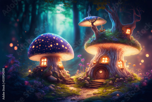 Discover the Magic of Fairy Houses Nestled in a Fantastic Forest, Illuminated by Glowing Mushrooms - A Enchanted World of Myth and Legend Awaits