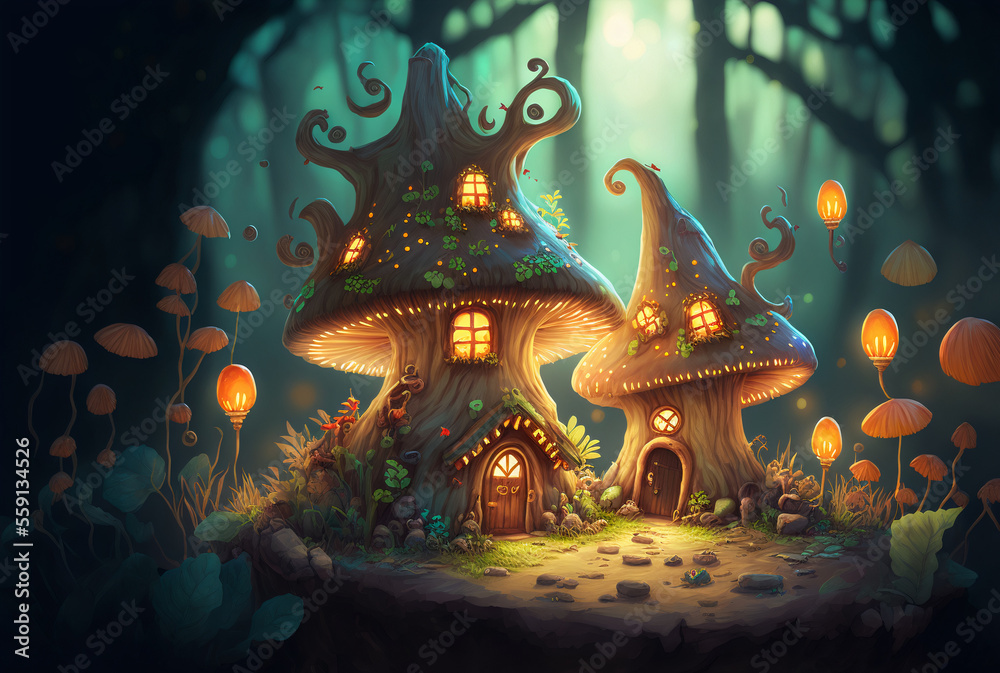 Fototapeta premium Discover the Magic of Fairy Houses Nestled in a Fantastic Forest, Illuminated by Glowing Mushrooms - A Enchanted World of Myth and Legend Awaits