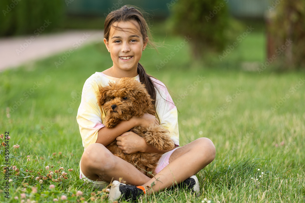 Little girl with a maltese puppy, outdoor summer. Little girl with a maltese puppy, outdoor summer.