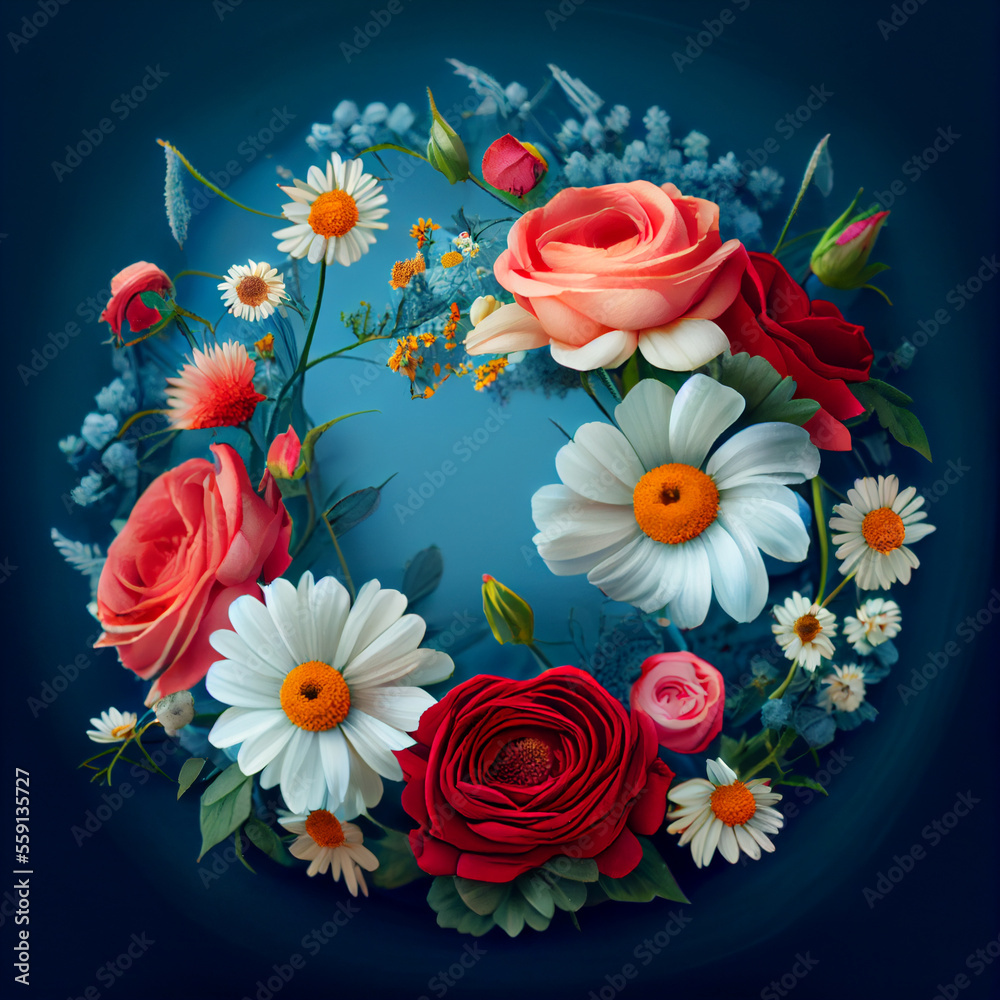 Flowers on blue background. Valentine day background. Generative AI digital illustration.