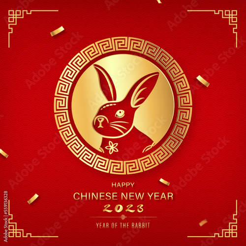 Rabbit zodiac symbol with oriental style decoration elements on red background for Chinese new year 2023