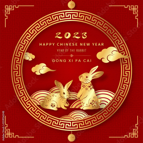 Rabbit zodiac symbol with oriental style decoration elements on red background for Chinese new year 2023