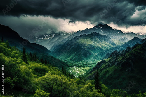 Under the storm clouds  a verdant landscape with many green trees and mountains can be seen. Generative AI