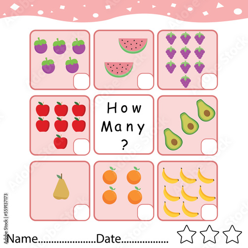 Counting game, how many fruits. Educational children game, printable worksheet