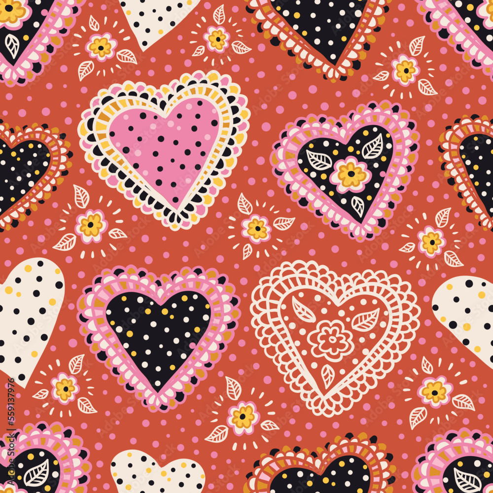 Hearts with petals and dots seamless vector pattern Hearts with petals and dots seamless vector pattern