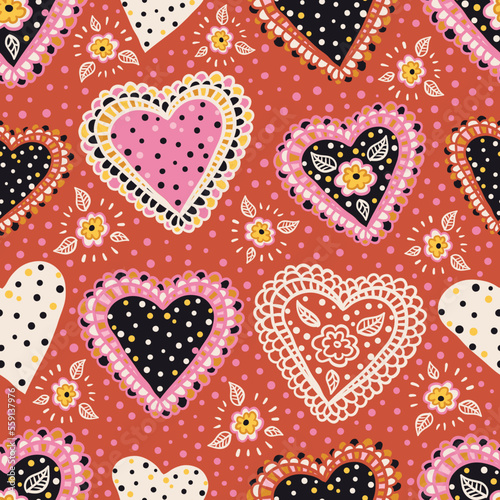 Hearts with petals and dots seamless vector pattern