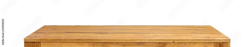 Wooden table top surface isolated over white background. Solid wood furniture close view 3D illustration