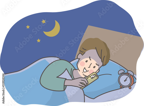 夜ベッドの中でスマホを見る男性のイラスト