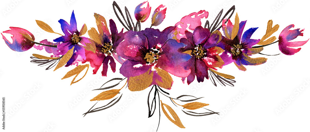 Pink and gold watercolor floral illustration. Hand painted background