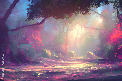digital painting enchanted landscape forest magical fantasy scenary background concept art IA photo