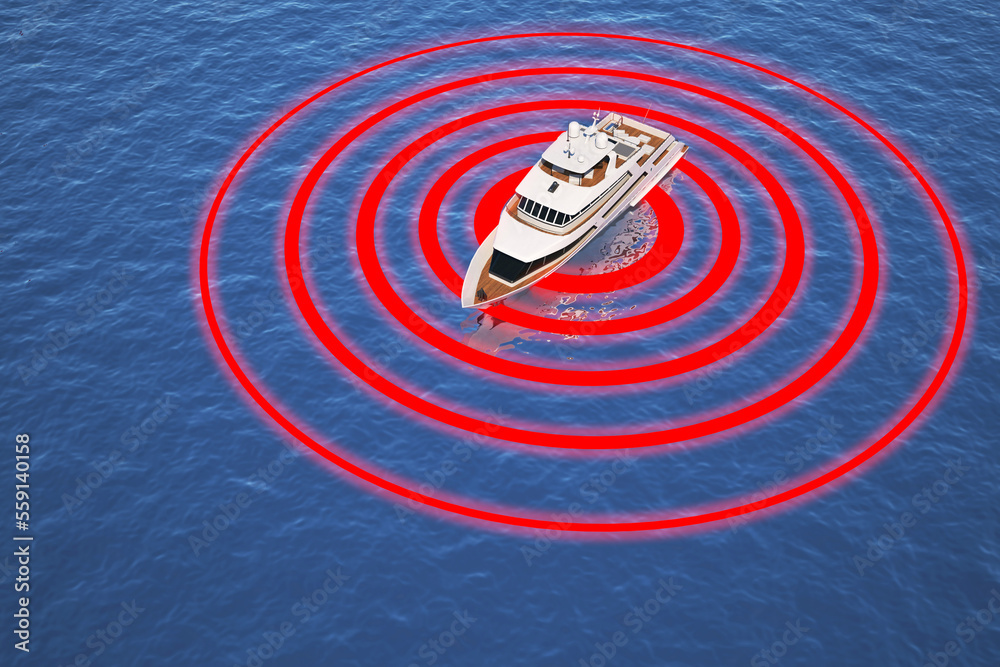 yacht at sea with red radial rings around above view yacht at sea with red radial rings around above view