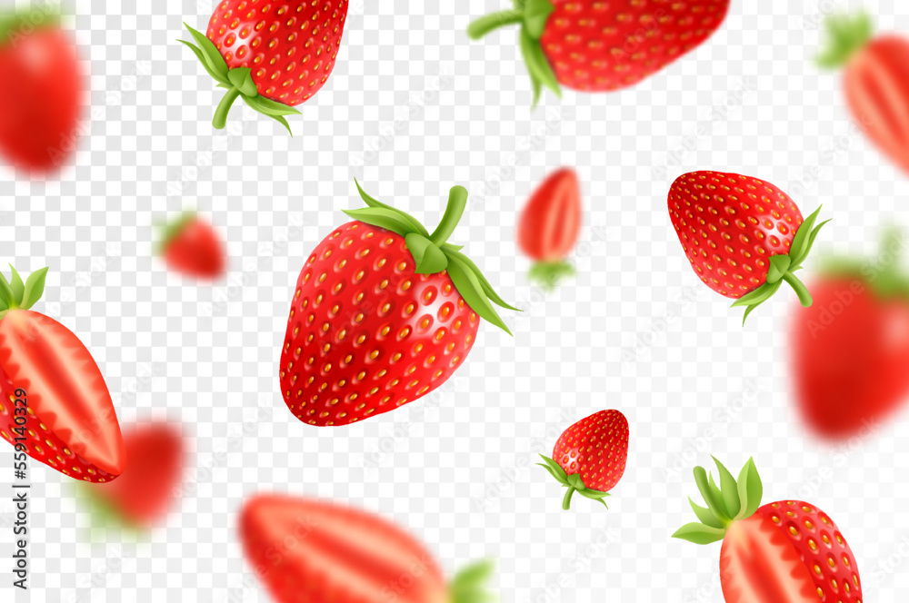 Strawberry background. Flying red strawberry on transparent background.  Strawberry falling from different  and blurry objects. 3D  realistic. Stock Vector | Adobe Stock
