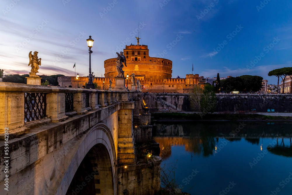 Castel Sant'Angelo in Tevere  Rome , during sunset and blue hours.
