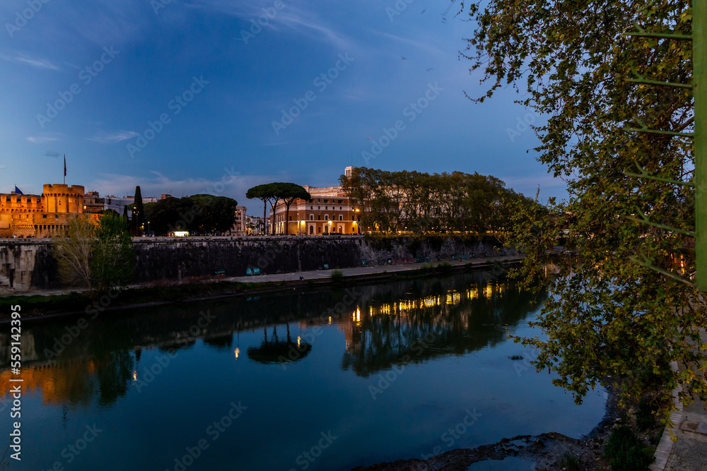 Castel Sant'Angelo in Tevere  Rome , during sunset and blue hours.