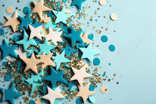 Party, Birthday, Celebrate, Anniversary or Event, Festive, Blue Festival Decor Star Confetti Celebration Scattered, Glitter Falling Stars, Abstract Sparkle Stars, Falling Stars. Generative AI