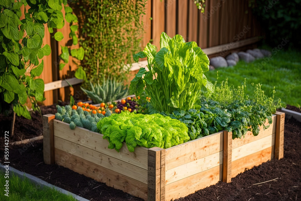 Wooden raised bed vegetable garden that is organic. for vertical planting, including beans. locally grown veggies in a big metropolis. Generative AI - obrazy, fototapety, plakaty 