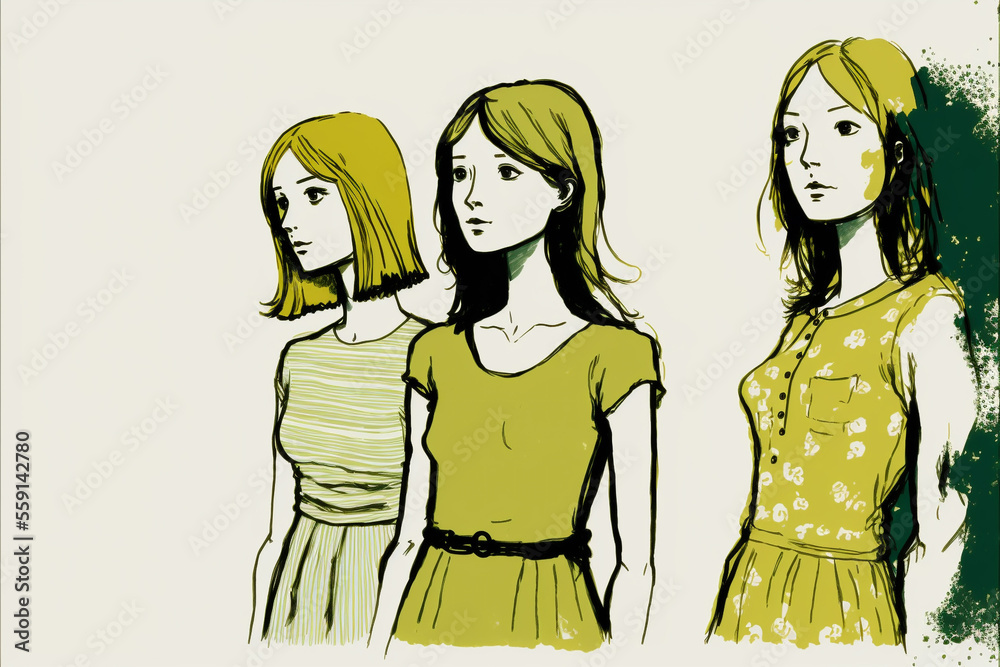 Illustration of three teen girls in row in green tones and on a light background. Artwork created with generative ai