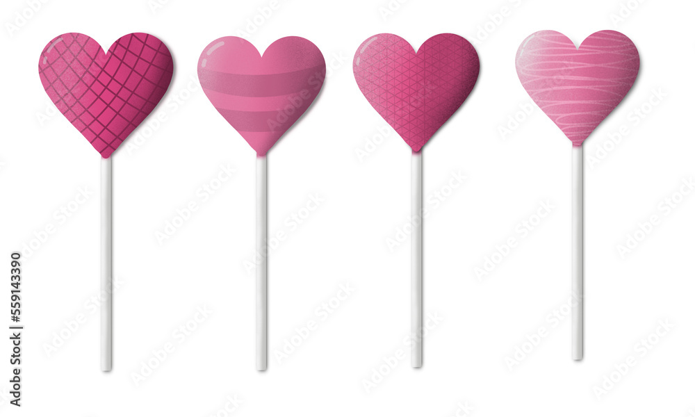 various types of pink heart-shaped lollipops to celebrate valentine's day. suitable for aesthetic note, isolated transparent background png