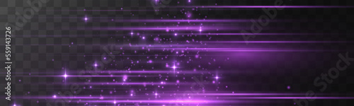Purple soft horizontal neon lines. Set of abstract lens flares. Flash purple line motion. Laser sparkle beams, glowing violet speed rays, dust sparks light effect. Luminous sparkling lined. Vector
