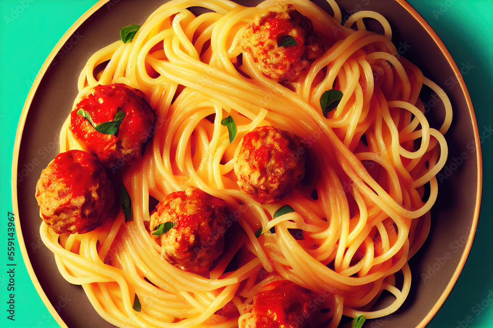 Top view of plate of spaghetti with meatballs as italian pasta dish