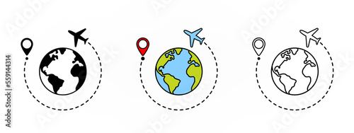 Airplane path on world map. Route of plane with world map illustration