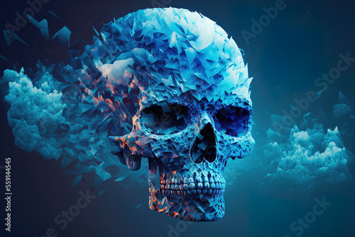 terrifying, disaster related abstract digital cloud skull on blue background. Generative AI