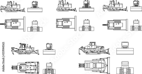 set of industrial bulldozer illustration vector sketches