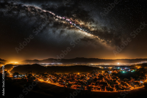 Milky Way galaxy with city lights in Thailand's Phutabberk Phetchabun. Generative AI photo