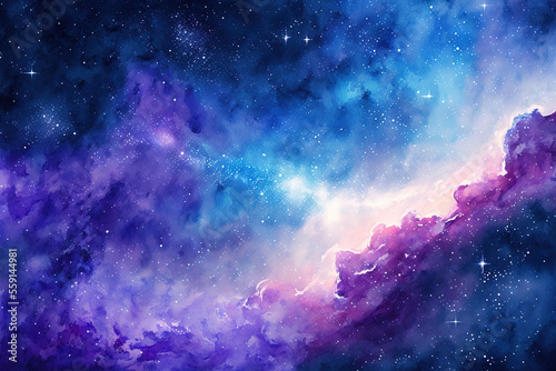 Background in blue and purple watercolor of distant space. Generative AI