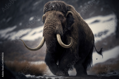 Mammoth in snow. AI generated