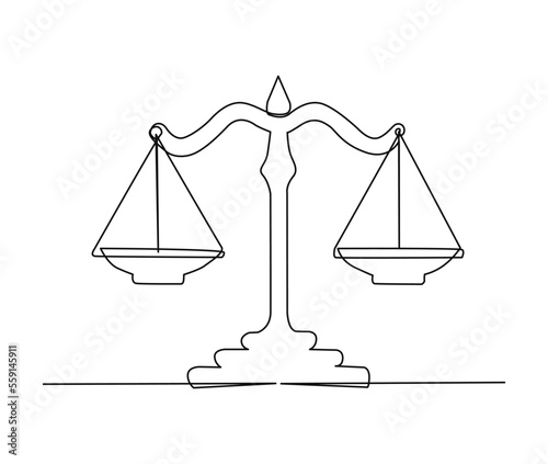 Continuous one line drawing of scales. scales of justice line art vector illustration.