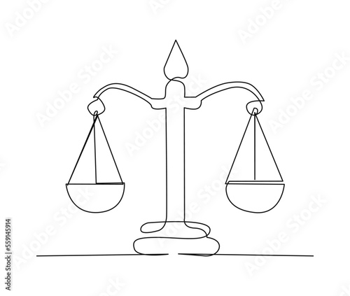 Continuous one line drawing of scales. scales of justice line art vector illustration. Balance and justice concept.