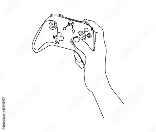 Continuous one line drawing of hand holding game controller. Hand holds Joysticks or Gamepads line art vector illustration.