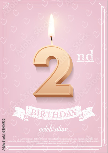 Burning number 2 birthday candle with vintage ribbon and birthday celebration text on textured pink background in postcard format. Vector vertical two birthday invitation template