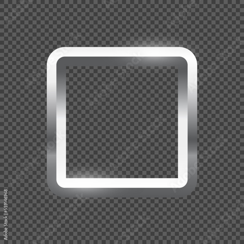 Silver square frame for picture on transparent background. Blank space for picture, painting, card or photo. 3d realistic modern template vector illustration. Simple steel object mockup