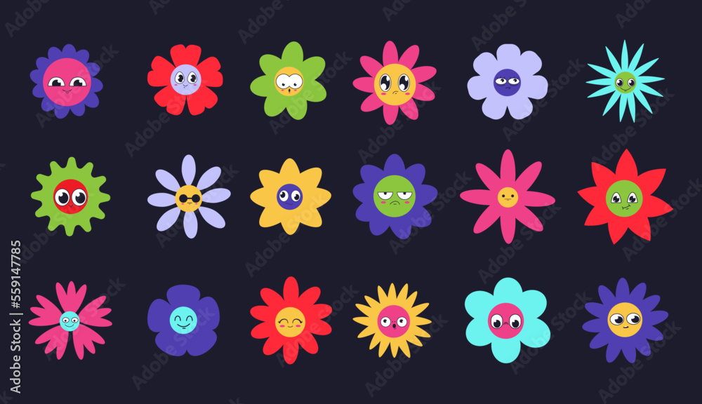 Cute daisy flowers, retro stickers collection. Happy 70s sun face, groovy hippie kids colorful botanical elements, geometric style flora, orange 60s love. Vector cartoon recent isolated set