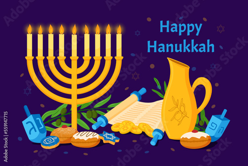 Happy hanukkah, candle and traditional symbols, greeting card. Kids party banner with menorah, dreidel and hebrew money. Olive branch and David star. Vector illustration utter web banner