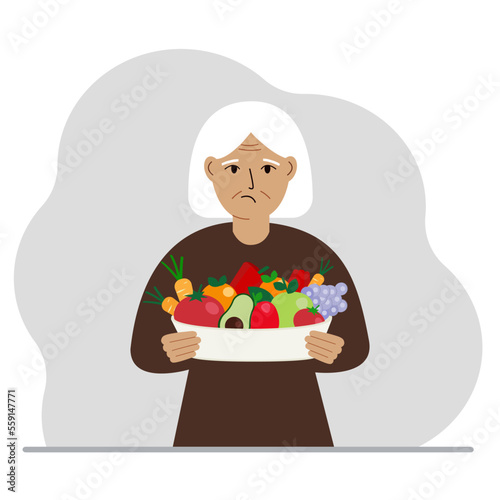 A woman with a large plate of healthy organic food - vegetables and fruits. The concept of healthy food, healthy lifestyle, vegetarianism, agriculture.