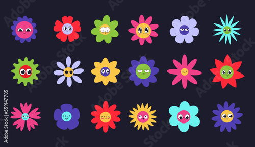 Cute daisy flowers, retro stickers collection. Happy 70s sun face, groovy hippie kids colorful botanical elements, geometric style flora, orange 60s love. Vector cartoon recent isolated set