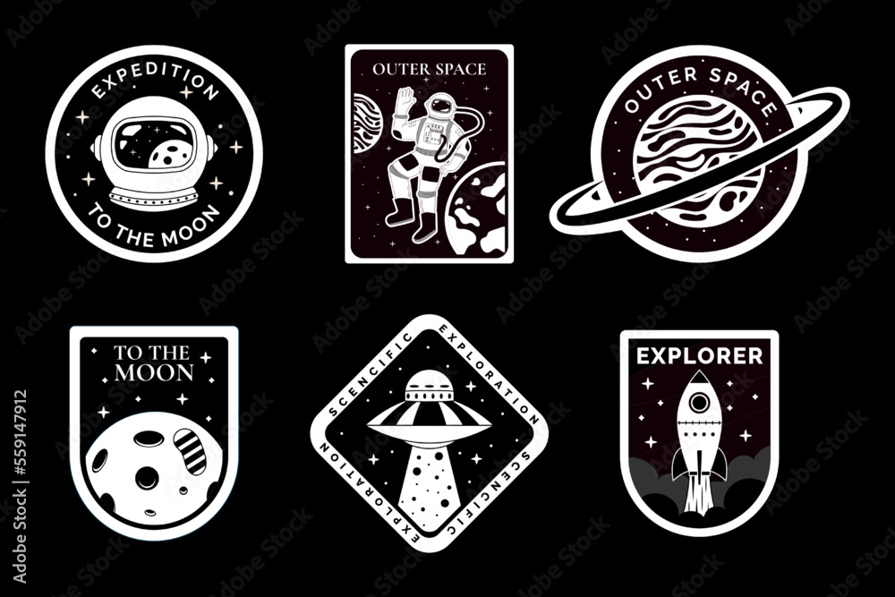 Space astronaut badge, logo design, adventure patch set. Vintage or retro galaxy travel label, earth and moon sticker, science black signs. Cosmonaut exploration. Vector garish illustration